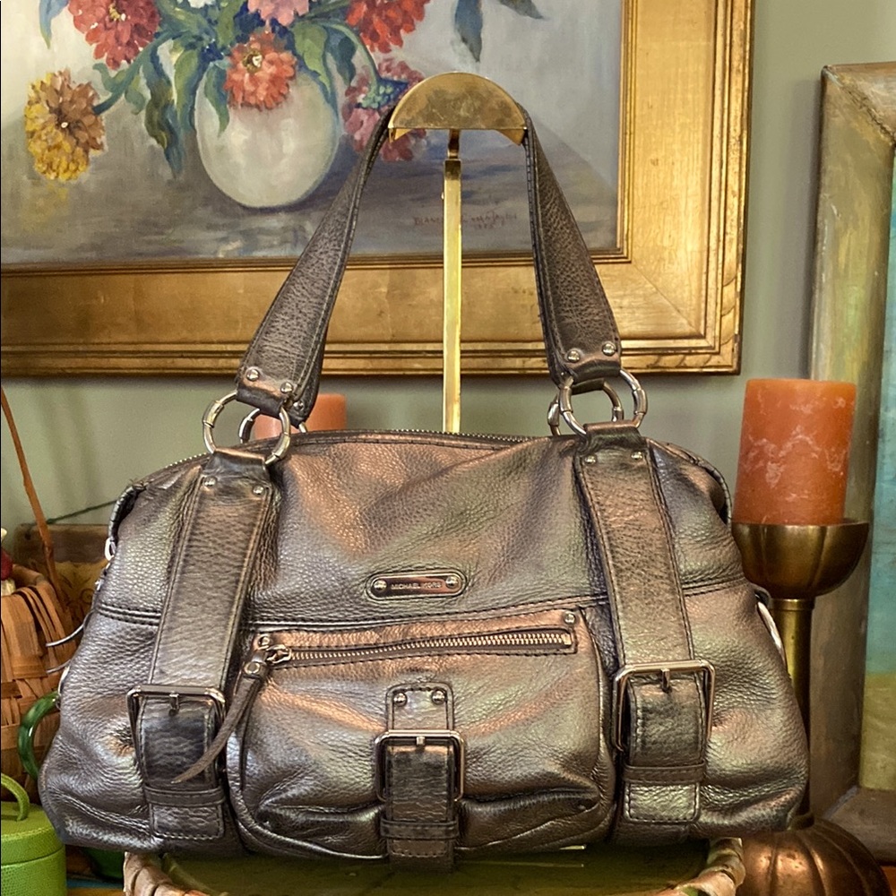 Michael Kors Metallic Gray Thick Soft Leather Purse Satchel Many Pockets